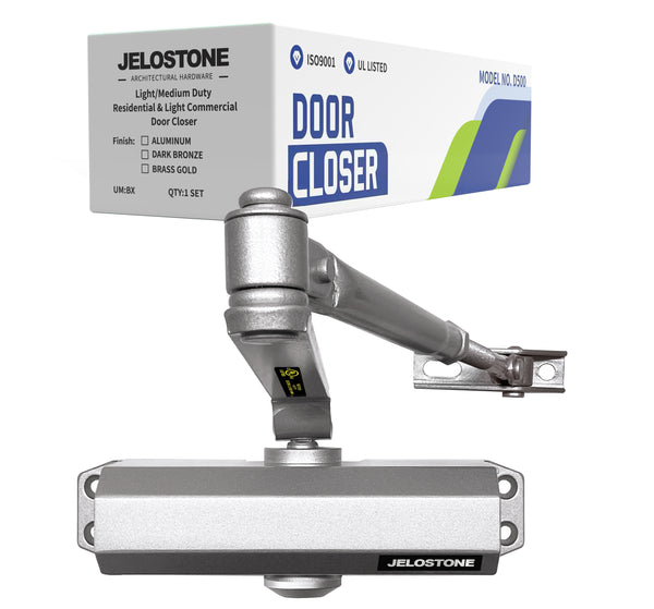 JELOSTONE Light/Medium Duty Residential & Light Commercial Door Closer JELOSTONE D500, Fixed Size #3 Spring Power and 2 Valves Door (55-150LB/33-36 in), UL 3 Hour Fire Rated, Indoor/Outdoor